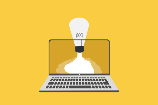 Lightbulb idea with rocket booster flying fast into the sky. concept of creative idea, imagination, innovation or technology to help success, new solution to win business competition