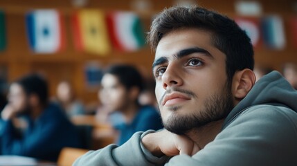 Fototapeta premium Student deep in thought during a classroom lecture.
