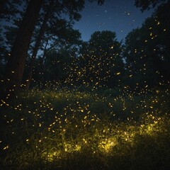 A swarm of fireflies lighting up a dusky summer evening.