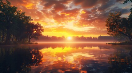 Obraz premium A vibrant sunset over a lake with trees in the foreground.