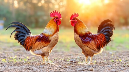 Majestic Roosters Facing Off at Sunrise in Forest Clearing