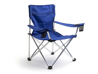 Blue portable folding camping chair with armrests isolated on white background.