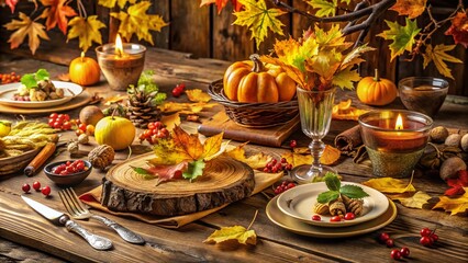 Naklejka premium Rustic Autumnal Table Setting with Assorted Tree Branches & Fall Foliage