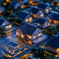Obraz premium Smart Home Technology Illuminated Houses on Circuit Board