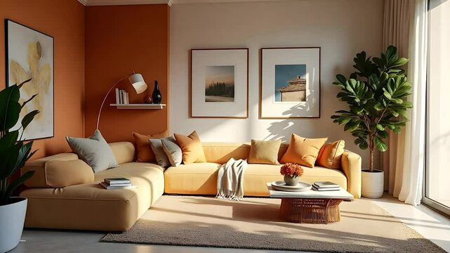 Modern Living Room with Orange Wall and Yellow Sofa
