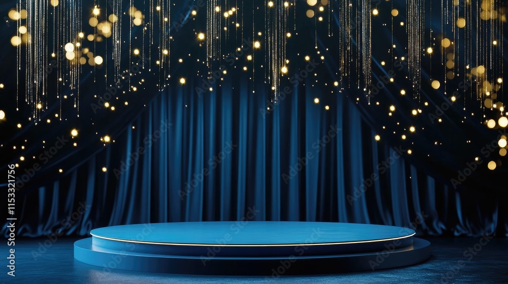 Poster a sleek blue podium with a blue curtain and golden glittering lights in the background, creating a l