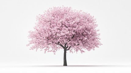 Naklejka premium A single sakura tree, covered in soft pink blossoms, isolated on a white background, representing the beauty of cherry blossoms.