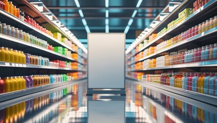 Supermarket view with neatly arranged bottles and a blank display sign