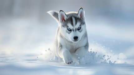 Naklejka premium Cute husky puppy running in snow, blue eyes, blurred background.