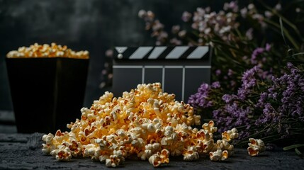 Movie Night  Popcorn  Clapperboard  Flowers