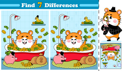 Activity page for kids featuring featuring a cute hamster having a bath full of gold