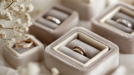 A sophisticated shot of gold and silver wedding rings in plush velvet boxes, symbolizing timeless love and perfect for engagement announcements.