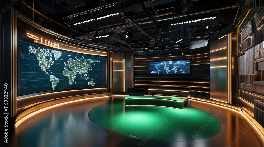 Poster a spacious virtual tv studio featuring a green screen backdrop and modern 3d elements, ideal for new