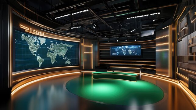 A spacious virtual TV studio featuring a green screen backdrop and modern 3D elements, ideal for news broadcasting or virtual productions.