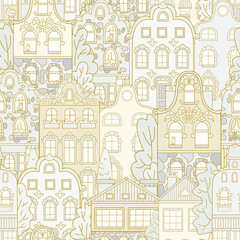 Playful seamless vector pattern with multi-colored houses