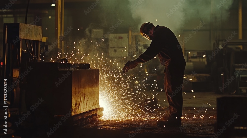 Poster a steelworker using a gas cutting machine in an industrial workshop, with sparks flying and the cutt
