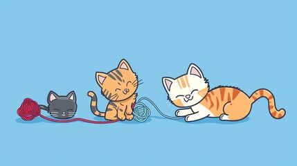 Fototapeta premium A cartoon illustration of three kittens playing with balls of yarn.