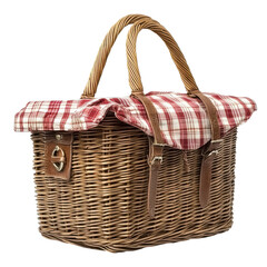 Classic wicker picnic basket with plaid lining perfect for outdoor gatherings in spring and summer