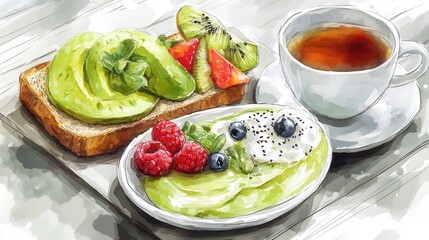 a beautifully arranged healthy breakfast with avocado toast, a smoothie bowl topped with fresh fruits, and a cup of herbal tea. 