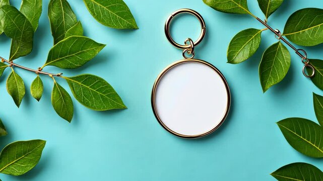 Circular keychain surrounded by green leaves on a light blue background