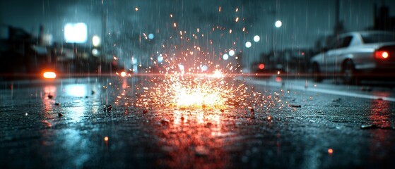 Rain  City Street  Sparks  Metal  Night  Cinematic  HDR   Fiery  Glowing  Texture  Urban