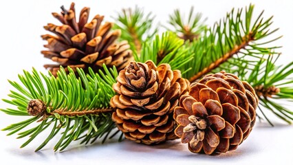 Rustic Pine Cones and Branch on White Background - Autumnal Nature Stock Photo