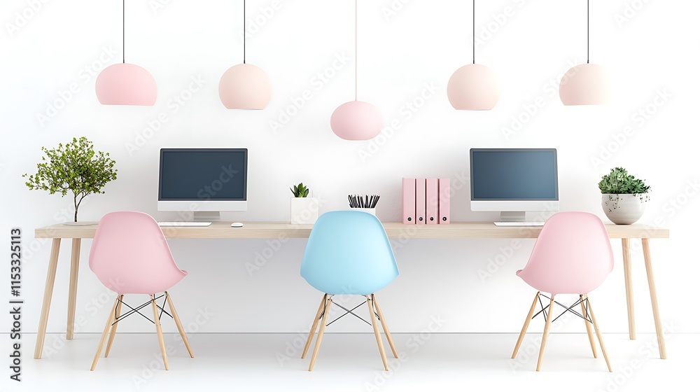 Poster stylish pastel workspace with modern computers and chairs