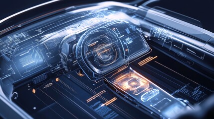 A transparent car dashboard revealing a futuristic digital schematic. The glowing interface and high-tech elements emphasize innovation and cutting-edge automotive design, showcasing technology's role