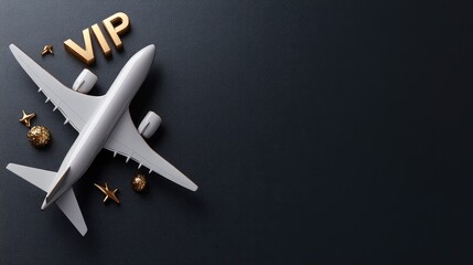 This composition features golden VIP text next to a stylish airplane icon, set on a dark surface, creating an upscale atmosphere