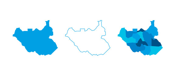 South Sudan set of three maps - solid map, outline map and map highlighting administrative divisions. Three distinct maps illustrate various representations of a geographical area.