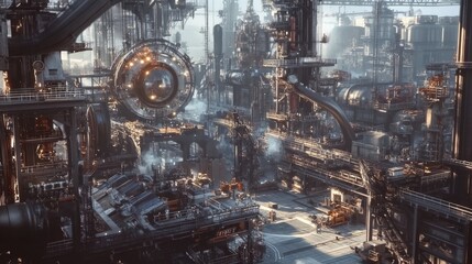 A wide shot of an industrial mill, with heavy machinery and moving parts, creating a sense of industrial strength and productivity.