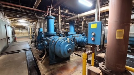 Naklejka premium A wide-angle shot of an industrial boiler room with large blue pumps, metal pipes, and valves in a water treatment facility setting.