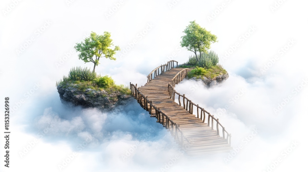 Poster a wooden bridge connecting two serene floating islands in the clouds, isolated on a white background