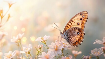 Obraz premium Beautiful Butterfly Resting on Delicate White Flowers in a Sunlit Garden with Soft Bokeh Background