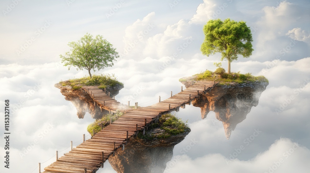 Poster A wooden bridge connecting two serene floating islands in the clouds, isolated on a white background, symbolizing harmony and exploration.