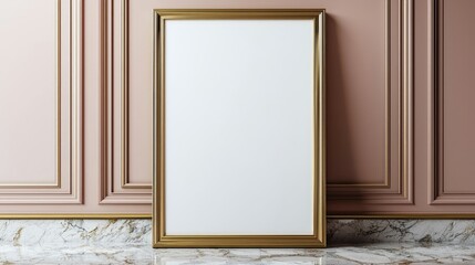 Fototapeta premium Elegant Blank Picture Frame on Marble Surface Against Ornate Pink Wall in Classic Interior Setting