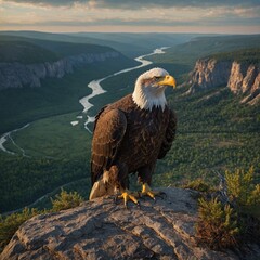 A majestic bald eagle perched on a cliff with a valley below.
