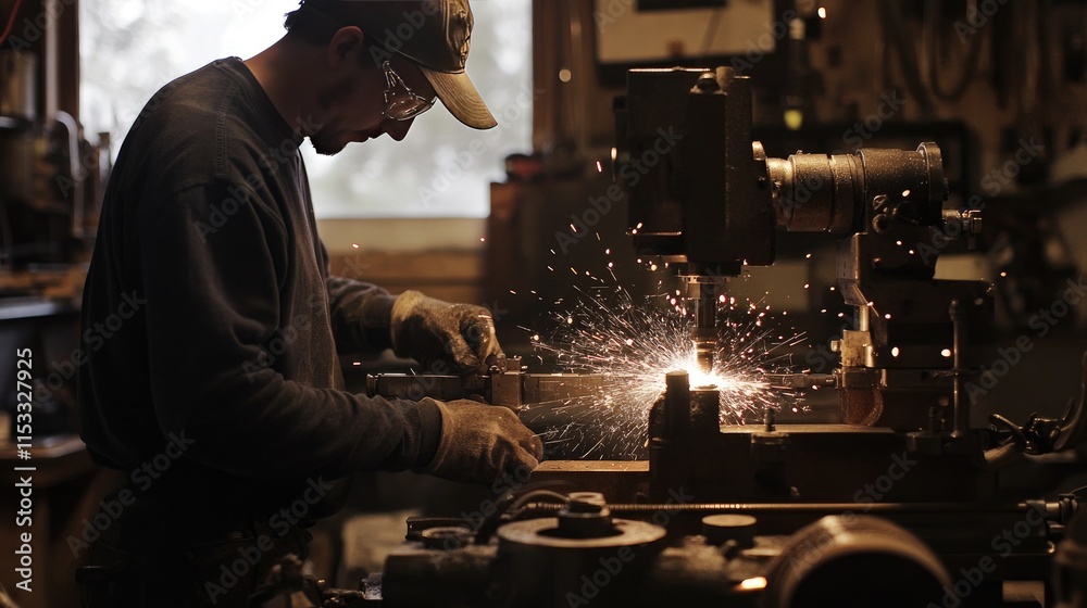 Poster A worker using a lathe grinder machine on a metal part, with sparks flying as the final touches are made, emphasizing the metalworking process.
