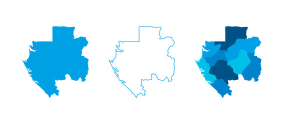 Gabon set of three maps - solid map, outline map and map highlighting administrative divisions. Three distinct maps illustrate various representations of a geographical area.