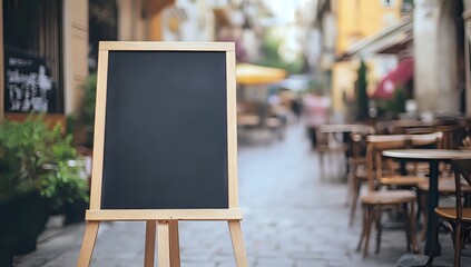 Blank Blackboard Sign on Wooden Easel Stands in Outdoor Cafe Setting, Perfect for Advertising Menu Boards or Daily Specials.