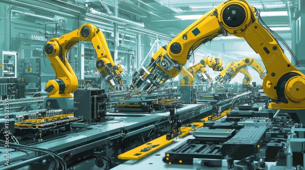 Poster an advanced pcb assembly line, with robotic arms and automated machinery performing precise componen