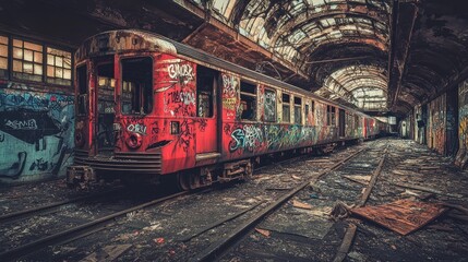 Naklejka premium An abandoned train station with neglected, graffiti-sprayed train cars, broken-down structures, and a post-apocalyptic mood.