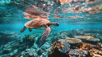 Obraz premium Sea turtle swims over coral reef, viewed from below in clear turquoise water.