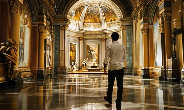 Man walks through opulent hall with classical paintings and sculptures