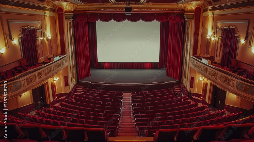 Poster an empty cinema with red seats and a large white screen, flanked by luxurious red curtains, creating