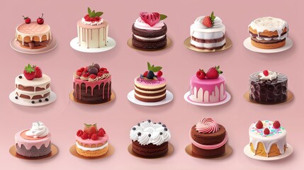 A collection of 15 small cakes in various flavors, decorated with frosting, berries and other toppings.