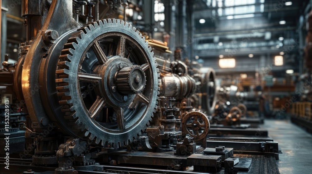 Poster an industrial mill with large gears and machinery working together in a factory setting, representin
