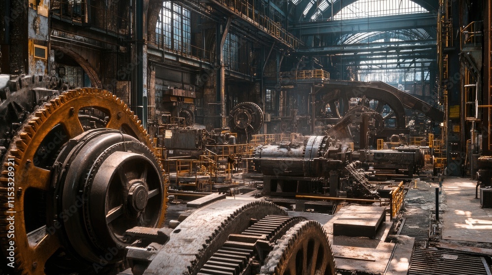 Poster an industrial mill with large gears and machinery working together in a factory setting, representin