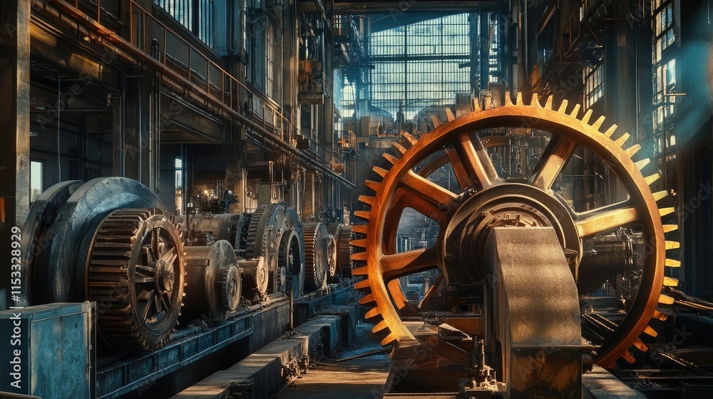 Poster an industrial mill with large gears and machinery working together in a factory setting, representin