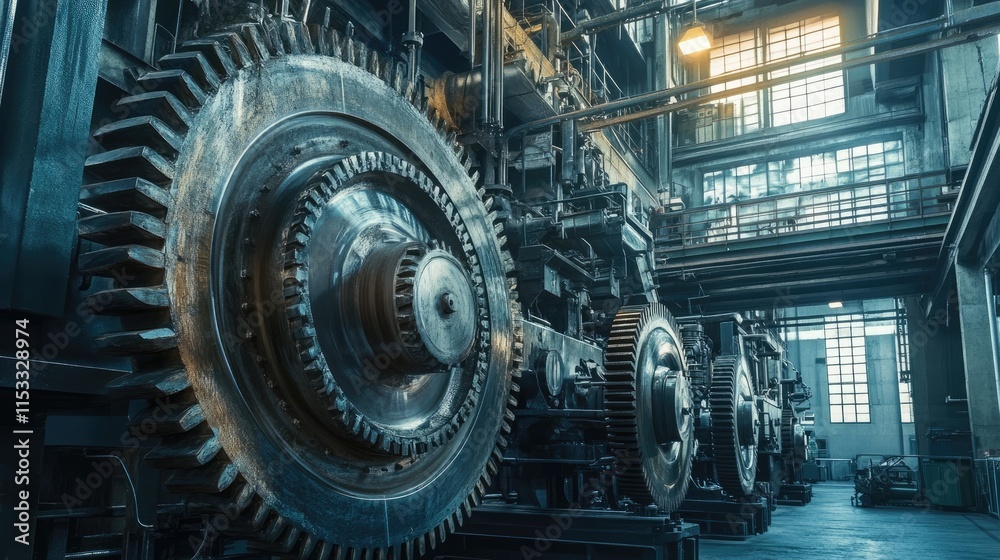 Poster an industrial mill with large gears and machinery working together in a factory setting, representin